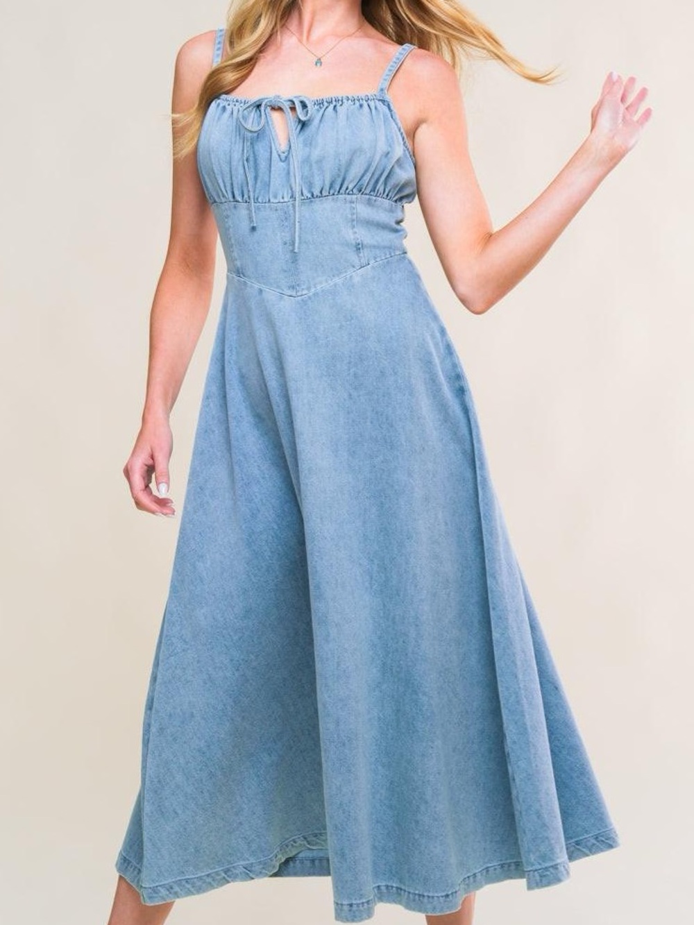 Stitch & Feather Light Wash Denim Midi Dress with Sweetheart Bodice